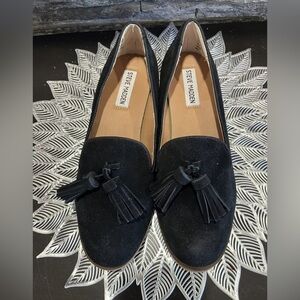 Steve Madden Black Leather Suede Flat Loafers Alore Tassels. Women’s Size 7.5